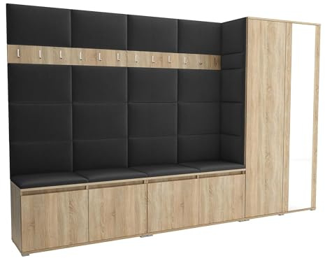 Brent - Garderobenschrank Flur Sonoma Eiche mit sitzbank 290 cm Breit Luton 5 - Multifunktionale Flurgarderobe Set mit Stauraum und Wandpaneel, Garderobe mit Sitzfläche und Kleiderhaken