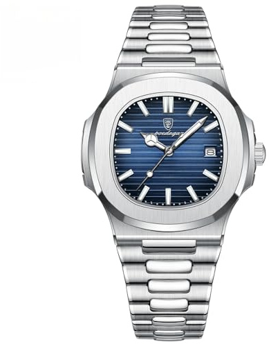 Poedagar - Orologio da uomo alla moda, da polso, da business, in acciaio inossidabile, al quarzo, impermeabile, luminoso, con data, quadrante quadrato, Bracciale