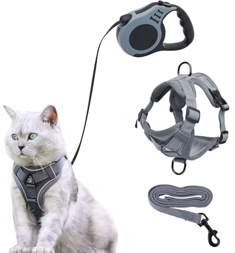 Katzengeschirr und Leine Set, Kätzchengeschirr mit 5 m, automatisch einziehbaren Hundeleinen, verstellbare Hunde-Walking-Weste mit Leine für Katzen und kleine Hunde, Welpen-Spaziergänge, (M)