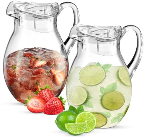 Paquete de 2 jarras de plástico (72 onzas), jarra de agua acrílica transparente con tapa, jarra para refrigerador, sin BPA, a prueba de roturas, ideal para té helado, sangría, limonada, jugo, leche y
