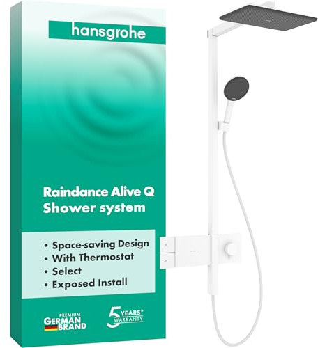 hansgrohe Raindance Alive Q - Duschsystem med termostat, Regndusch (340 x 210 mm), Duschset med handdusch (3 stråltyper), duschslang, duschstång och huvuddusch, matt vit, 24580700