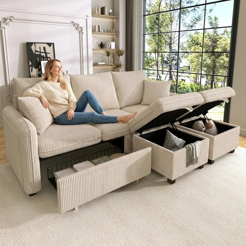 Merax Multifunktionales Ecksofa, 3-Sitzer Polster-Sofa mit Schlaffunktion, mit 2 Staufunktion Hocker, mit 2 Schubladen, modular zerlegbar, Cord-Stoff, für kleine Wohnungen, Beige