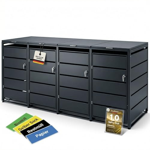 ALBATROS Mülltonnenbox 4er | Metall RAL7016, 120-240L, abschließbar | Mülltonnenverkleidung, verzinktes Metall Anthrazit, wetterfest, ISO9227 geprüft, für 4 Mülltonnen, inkl. Aufkleber-Set