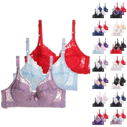 Lace Bralette Multipack Ladies Padded Underwired Bras for Women UK Womens Adjustable Straps Full Coverage Wired Ultra Thin Soft Breathable Underwear Sheer Everyday Lift Up Plunge Balconette Bra Blue