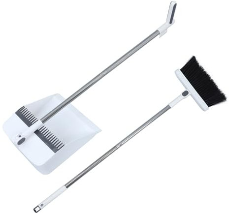 BATHVEVE Juego de Escoba y Recogedor Plegable 36,7 Pulgadas de Acero Inoxidable, Cerdas Antiadherentes, Color Claro, Herramienta de Limpieza Doméstica para Piso, Set Compacto 2 Piezas