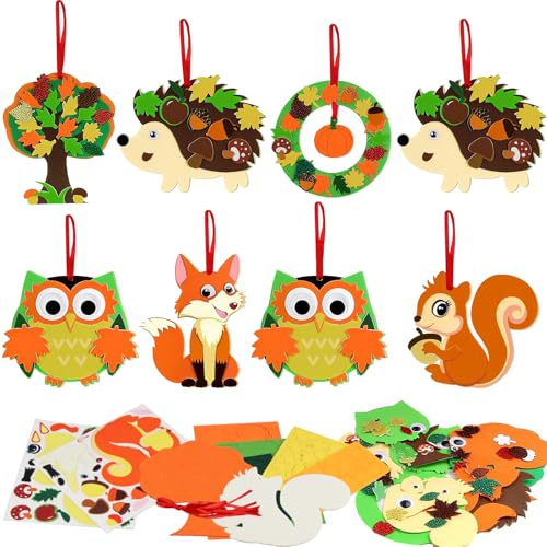 Bastelset Herbst 8 Stück Herbst Basteln kinder,Igel Eule Eichhörnchen Fuchs Ahornblatt Kränze Basteln Herbst, DIY Herbst Fensterdeko Kreativsets für Hängend Halloween, Erntedankfest Herbst Deko