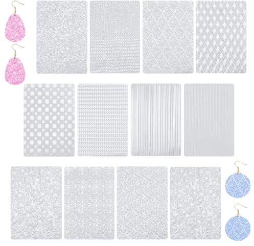 HOBBIESAY 12 Polymer Stampmatten Texturplatten DIY Modelliermasse Texturmatten Klar für Ohrringe Schmuckherstellung Bastelzubehör Handwerk 7x10 Zoll