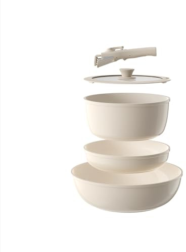 OUBRL Juego de ollas y sartenes antiadherentes, juego de utensilios de cocina de cerámica con mango desmontable, juego de cocina para caravana, camping, cocina, asas extraíbles, apto para lavavajillas