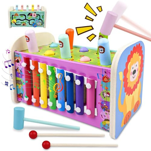 Crynvor 3 i 1 Trä Barn Spel med Xylofon/Ankare Tala/Labyrint, Musikinstrument för barn, Hammarbankspel, Montessori Pedagogiska Leksaker, För Barn Flickor Present 1 2 3 År