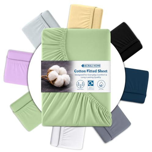 Acrali Home Sage Green Egyptian Cotton Single Fitted Sheet 90x190 cm - 200 Thread Count, Deep Pocket - Ultra Soft Hotel Quality, Breathable & Hypoallergenic Bottom Bed Sheet