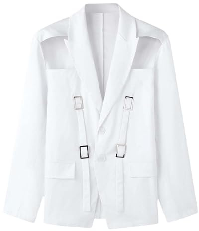 Generisch Blazer extravagant pour homme avec découpes au niveau des épaules - Veste tendance avec boucles décoratives et sangles - Veste originale pour les fêtes et les événements, Style_o03 Blanc, L
