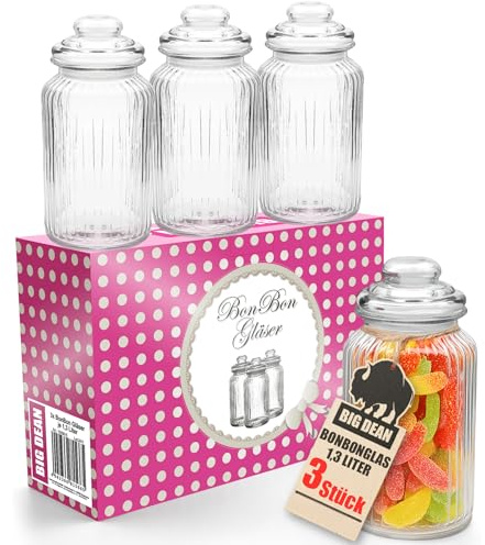 BigDean Bonbonglas mit Deckel 1300ml 3 Stück Vintage Vorratsgläser für Candy Bar Hochzeit Party Küche Spülmaschinenfest Aufbewahrungsgläser in Geschenkverpackung