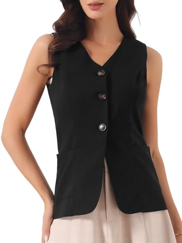 Allegra K Gilet in Cotone e Lino per Donna Estivo Senza Maniche con Bottoni Scollo a V Blazer Nero S