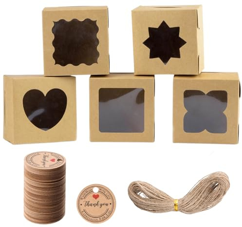 Culinavog 25 Cajas para Galletas con Ventana, 10 x 10 x 6.5 cm caja kraft con ventana Marrón con 5 diseños, Colgante y cordón, caja galletas para Cumpleaños, Bodas, Suministros de Fiesta