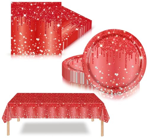 41Pcs Red Diamond Party Tableware Set for Her Women Girls,Glitter Disposable Dinnerware with 20 Red Paper Plates,20 Napkins,Plastic Table Cloth for Her Birthday,Wedding,Baby Shower Party Decoration