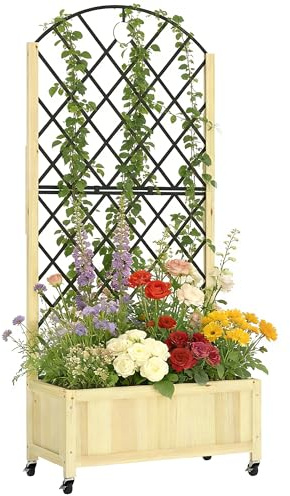 Outsunny Raised Garden Bed with Metal Trellis, Lockable Wheels, Natural | Wooden Elevated Planter Box, Outdoor Raised Planter, for Climbing Plants, Fruits, Vegetables, Flowers