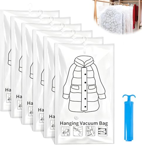 6 Stück Hängende Vakuumbeutel für Kleidung, Wiederverwendbar Aufbewahrungsbeutel 110x70cm Vakuum Tasche mit Kleiderhaken und Handpumpe Aufbewahren Vacuum Bags für Anzüge Mäntel Jacken