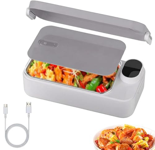 QIAKEFE Gamelle Chauffante Electrique 900ML, 7200mAh, 4 Températures (Gris) | Chauffage Rapide,Boîte Repas Chauffante Portable Rechargeable USB, Bac Inox Alimentaire, pour Voiture Camping Voyage Bureau
