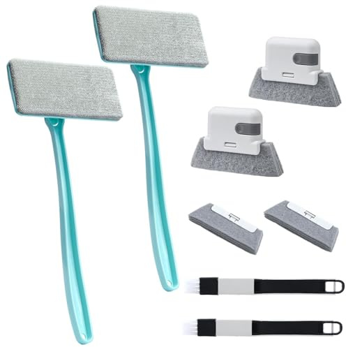 Elnwnnkc 8 detergenti per binari per finestre riciclabili, Set 8 spazzole Rimovibili, Manico Lungo, efficiente Raccoglitore schermi, Paletta, Set detergenti per binari per finestre