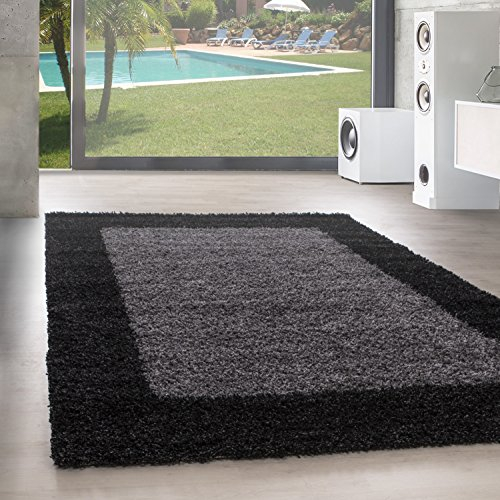 SIMPEX Teppich Wohnzimmer Shaggy Moderne Bordüre Design Anthrazit 240 x 340 cm - Hochflor Teppich Schlafzimmer Extra Weich und Pflegeleicht - Flauschiger Teppich Langflor für Küche Carpet Living Room