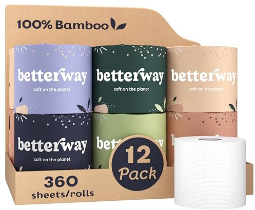 Betterway Bambus-Toilettenpapier, 3-lagig, nachhaltiges Toilettenpapier, 12 Doppelrollen & 360 Blatt pro Rolle, septisch sicher, organisch, plastik- und PFAS-frei, FSC-zertifiziert