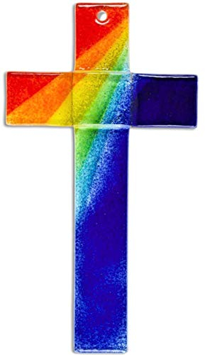 Motivationsgeschenke Kreuz aus Glas Regenbogen blau Kruzifix Fusing Glas Kreuz 20 cm Wandkreuz