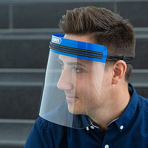 ABUS Face Guard - Protector facial con visera ancha de cristal acrílico, certificado EN 166, lavable, apto para personas con gafas, juego de 100 unidades, color azul, talla única