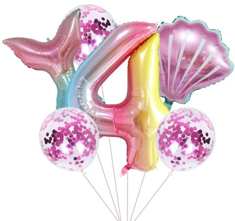 Geburtstag Party Deko Set Meerjungfrau 4 Jahre Bunte Luftballons Meerjungfrau für Mädchen 40 Zahlenballon XXL 4. Kindergeburtstag Folienballon Latt Luftballons