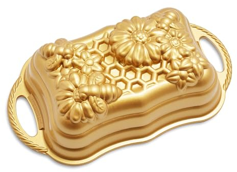 Nordic Ware Honeycomb Loaf Pan, Original Cast Aluminium Bundt Tin, Bundt Cake Tin with Bee Pattern, Cake Mould Made in The USA, Colour: Gold, 6 Cup Capacity