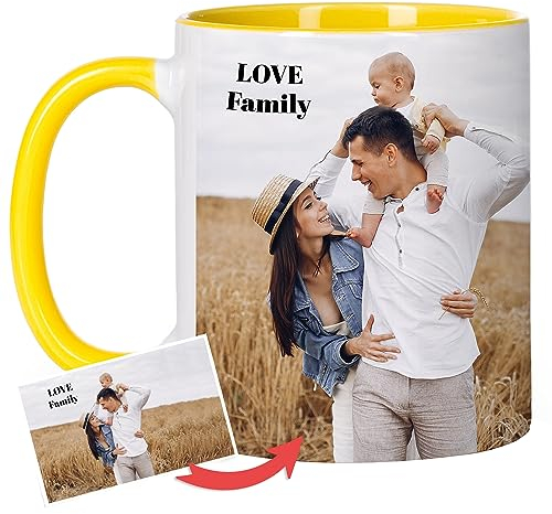 Wanapix | Taza Personalizada con Foto y Texto | Capacidad de 325ml | Taza de Cerámica con Diseño Único | Regalo para Amigos y Familiares | Apta para Microondas | Interior y Asa Color Amarillo