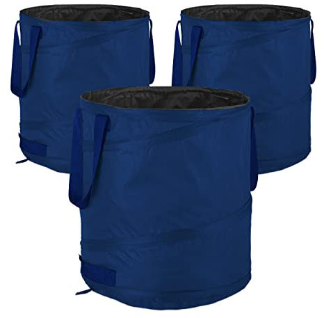 Relaxdays Sacchi da Giardinaggio, Set da 3, Fogliame e Rifiuti, Sistema Pop Up, 85 l, Impermeabile, HD 47x46 cm, Blu, Poliestere