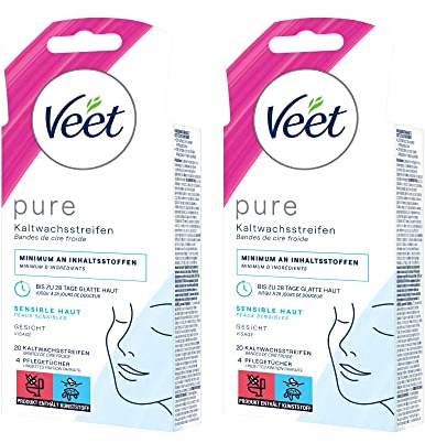 Veet Easy-Gel Kaltwachsstreifen - Geeignet für normale Haut - Anwendung für Gesicht - Bis zu 28 Tage glatte Haut – Minimum Inhaltsstoffen - 20 Doppelstreifen = 40 Einzelstreifen