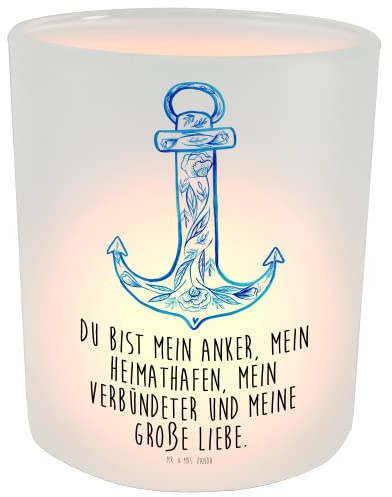 Mr. & Mrs. Panda Windlicht Anker Blau - Geschenk, Windlicht Glas, lustige Sprüche, Tiere, Kerzenglas, Kerzenlicht, Teelichtglas, Gute Laune,
