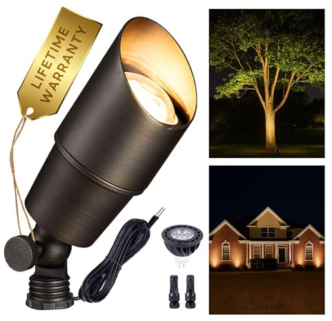 Gardenreet Landscape Spotlights Low Voltage - Brass Outdoor Uplight LED 12V, Wired Spot Lights IP65 Waterproof, Antique Bronze for Exterior Garden Yard Tree House with 5W 2700K Warm White MR16 Bulb