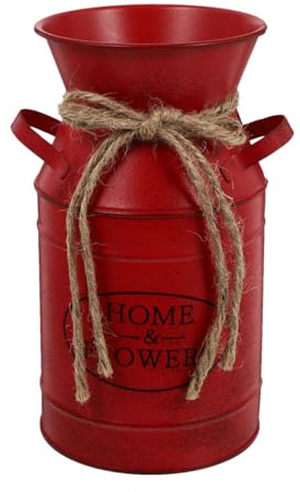Milisten Vintage Blumenvase im Milchkannen-Design: Rustikaler Pflanztopf aus Metall mit Henkeln - Rote Shabby Chic Deko für Landhausstil, Wohnzimmer & Balkon