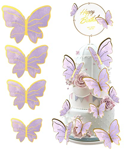 40 Pezzi Farfalle Decorazioni per Torte, 3D Farfalle Cupcake Topper Decorazioni, per Compleanno Anniversario di Matrimonio Feste Baby Shower Parete Decorazioni - viola