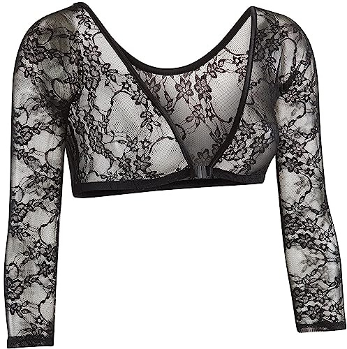 SamHeng Top corto de malla transparente para mujer, blusa camisera transparente de manga larga, top corto de malla transparente de ajuste ceñido negro, cárdigan abierto en ambos lados para cubrir