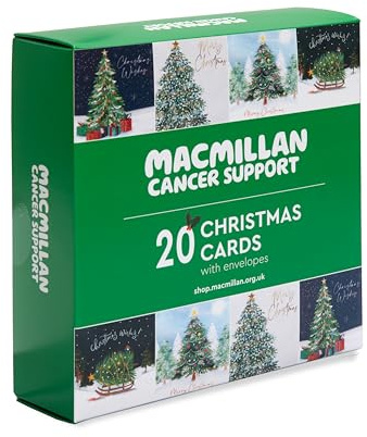 Macmillan Christmas Tree Charity Christmas Cards – Pack of 20 Luxury and Eco-Friendly Christmas Cards. Boxed Multipack of 4 Seasonal Christmas Designs. 127x127mm Card Size.