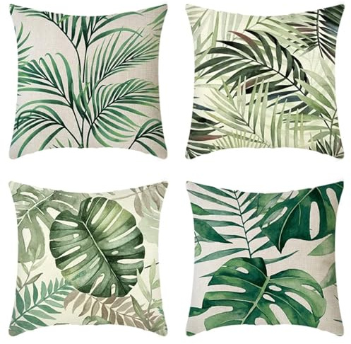 Kissenbezug 35x35 cm 4er Set Grün Kissenbezüge Blatt Outdoor Kissen Leinen Quadrat Sofakissen Dekokissen Gartenmöbel Kissen couchkissen kissenhülle für Couch Wohnzimmer Büro Auto Home Decor Geschenke