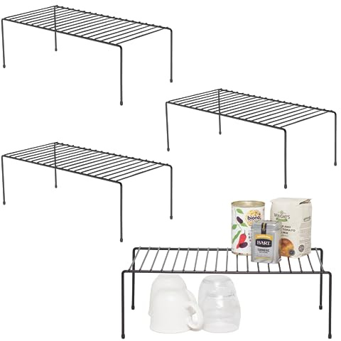 simplywire - Kitchen Cupboard Organisers – Pack of 4 - Food Tin & Mug Storage Shelves – Black Plastic Coated Steel