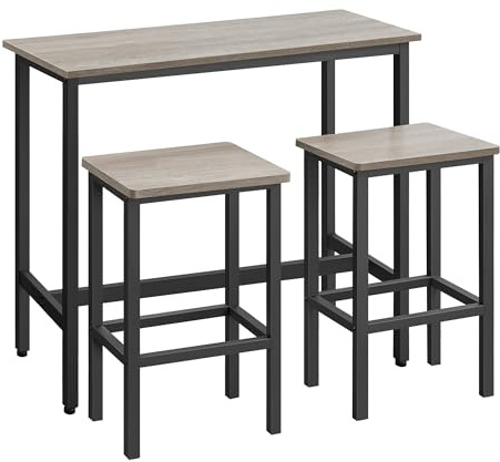 VASAGLE Tavolo Alto, Set di Tavolo e Sgabelli da Bar, Tavolo da Colazione con Set di 2 Sgabelli, Struttura in Acciaio Industriale, Greige Melange e Nero Inchiostro LBT218B02