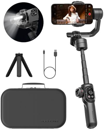 AOCHUAN Stabilizzatore Gimbal 3 Assi per Smartphone, Rotazione 360°, Asta Estensibile Incorporata, Gimbal Professionale con Luce Fill-in per iPhone/Android - Smart S2
