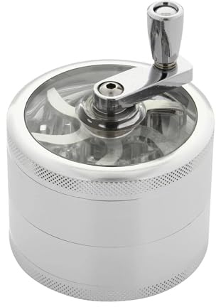 Glamified 2.5 4 Pieces Hand Cranked Clear Top Herb Grinder - Aluminium Spice Grinder with Pollen Scraper and Cleaning Brush, Foldable Handle (Silver (4 Layers))