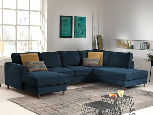 Lisa Design Jake - Wohnlandschaft - mit Schlaffunktion und Bettkasten - 7-Sitzer - aus Cord - rechts Schieferblau