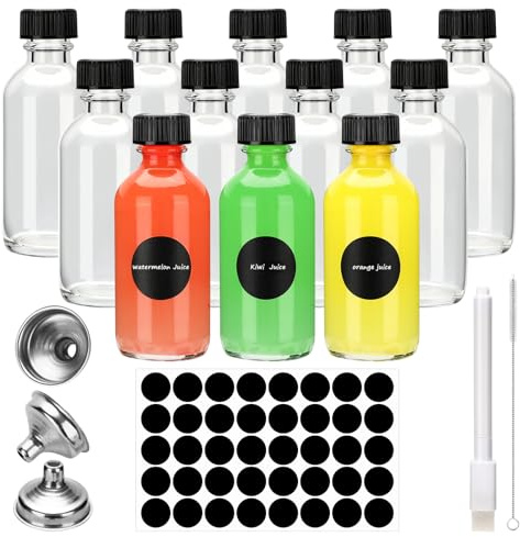 Mini Bouteilles en Verre 12pc, 60ml Miniatures Réutilisables avec Bouchons | Mini bouteilles en verre avec entonnoir, étiquettes et stylo, pour huiles essentielles, shots, jus et sirops