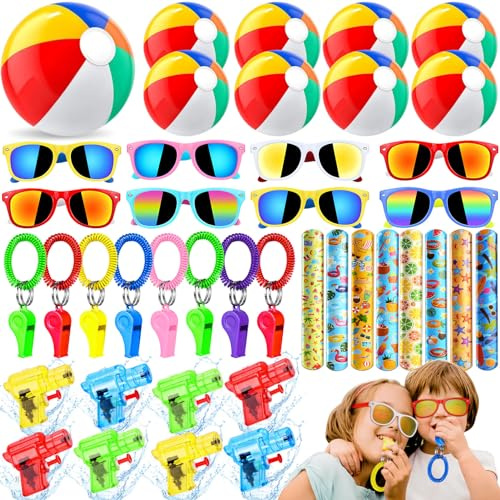 Beach Pool Party Bag Fillers for Kids Outdoor Toys Water Play Kids Sunglasses Mini Water Pistol Beach Ball Inflatable Pool Toys Whistle Slap Bands for Party Games Summer Birthday Gift Bags Boys Girls