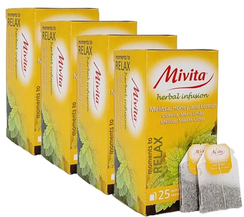 Mivita Melissa, Honey and Lemon Infusion, pack of 4, total of 100 tea bags (25 each unit) – Sweet and soothing, perfect for relaxation, naturally calorie-free (0 kcal)