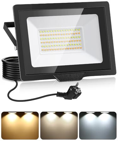 Litglobe 50W Projecteur LED Extérieur avec 1.5m Prise,3000K/4500K/6500K Spot LED Extérieur,5000LM Lampe Exterieur avec Mémoire,IP66 Etanche Luminaire Exterieur Pour Patio Garage Jardin Terrasse