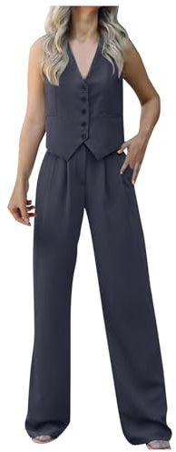 2-teiliges Freizeit-Outfit für Damen, ärmellose Weste mit Knöpfen, Hemd, gerade Hose mit weitem Bein Taschen Drache Kostüm Damen Damen Hosenanzug 44