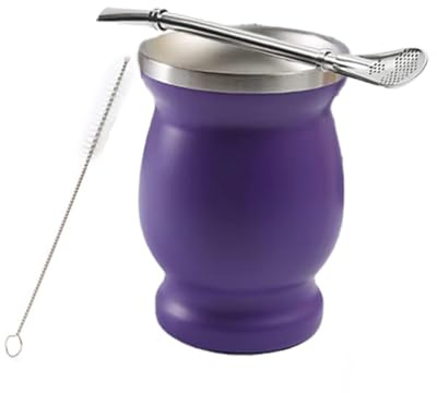 STOUCLA Taza Mate,juego de tazas de té mate,Taza de Acero Inoxidable,con pajita de acero inoxidable y cepillo de limpieza, para té mate,café(morado)